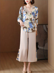 Floral Print Two piece Set Lace V neck Blouse & Wide leg Pants Outfit