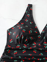  Swimsuit Women's Plus Cherry Print Ruched Tummy Control Skirted