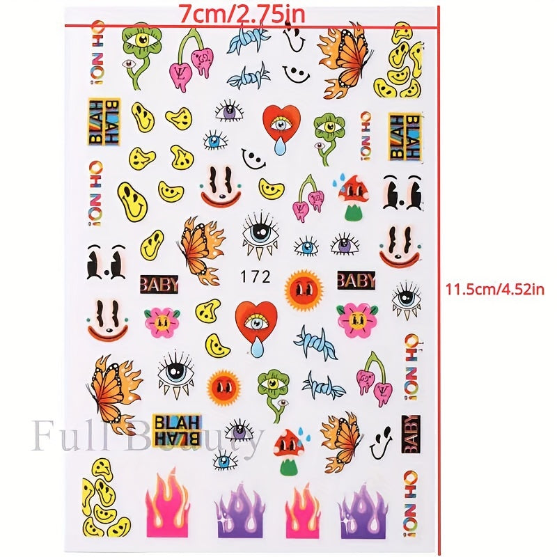 Evil Eye Snake Heart Nail Art Stickers 3D Self Adhesive Flame Animal Nail Decals