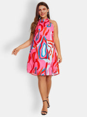  Casual Dress Women's Plus Random Print Halter Neck Keyhole Back Dress