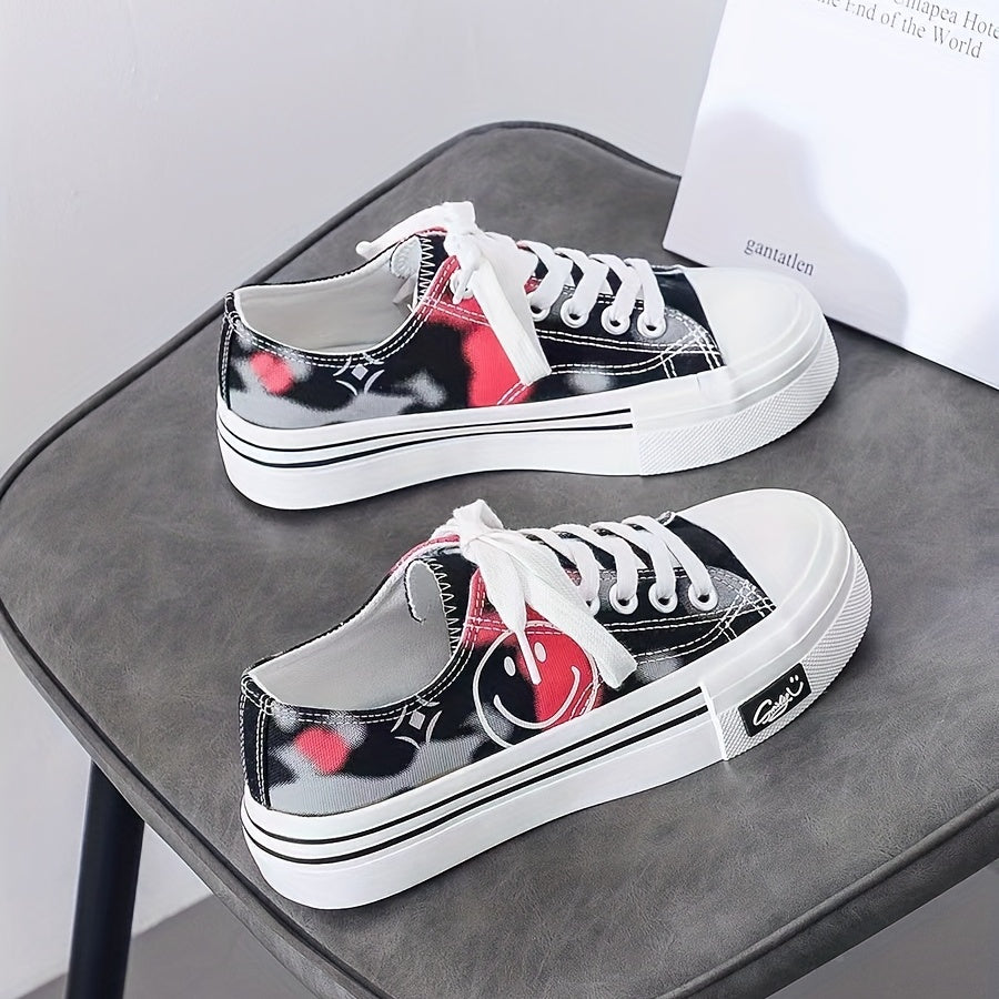 Women's Smiley Face Canvas Sneakers Lace Up Skate Shoes