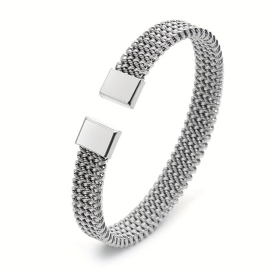Stainless Steel Braided Flat C Open Bracelet Men Women