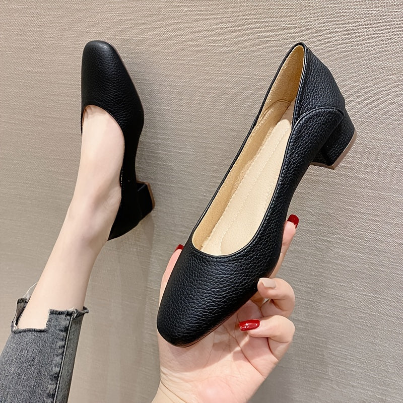 Women's Chunky Low Heels Slip On Square Toe Soft Sole Faux Leather Shoes