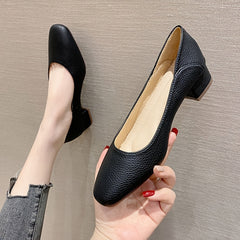 Women's Chunky Low Heels Slip On Square Toe Soft Sole Faux Leather Shoes