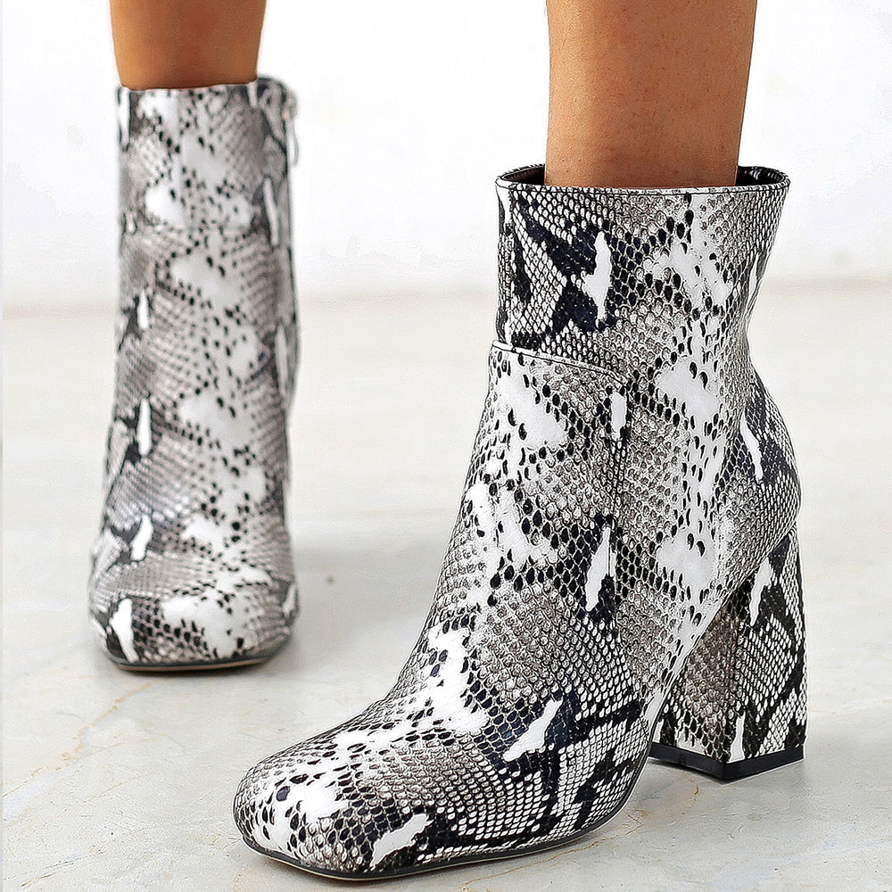 Snakeskin Print Ankle Boots Side Zip Chunky Heel