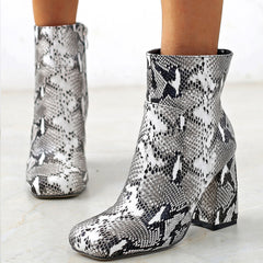 Snakeskin Print Ankle Boots Side Zip Chunky Heel