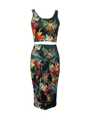 Floral Print Skirt Set Crop Tank Top & Bodycon Skirt