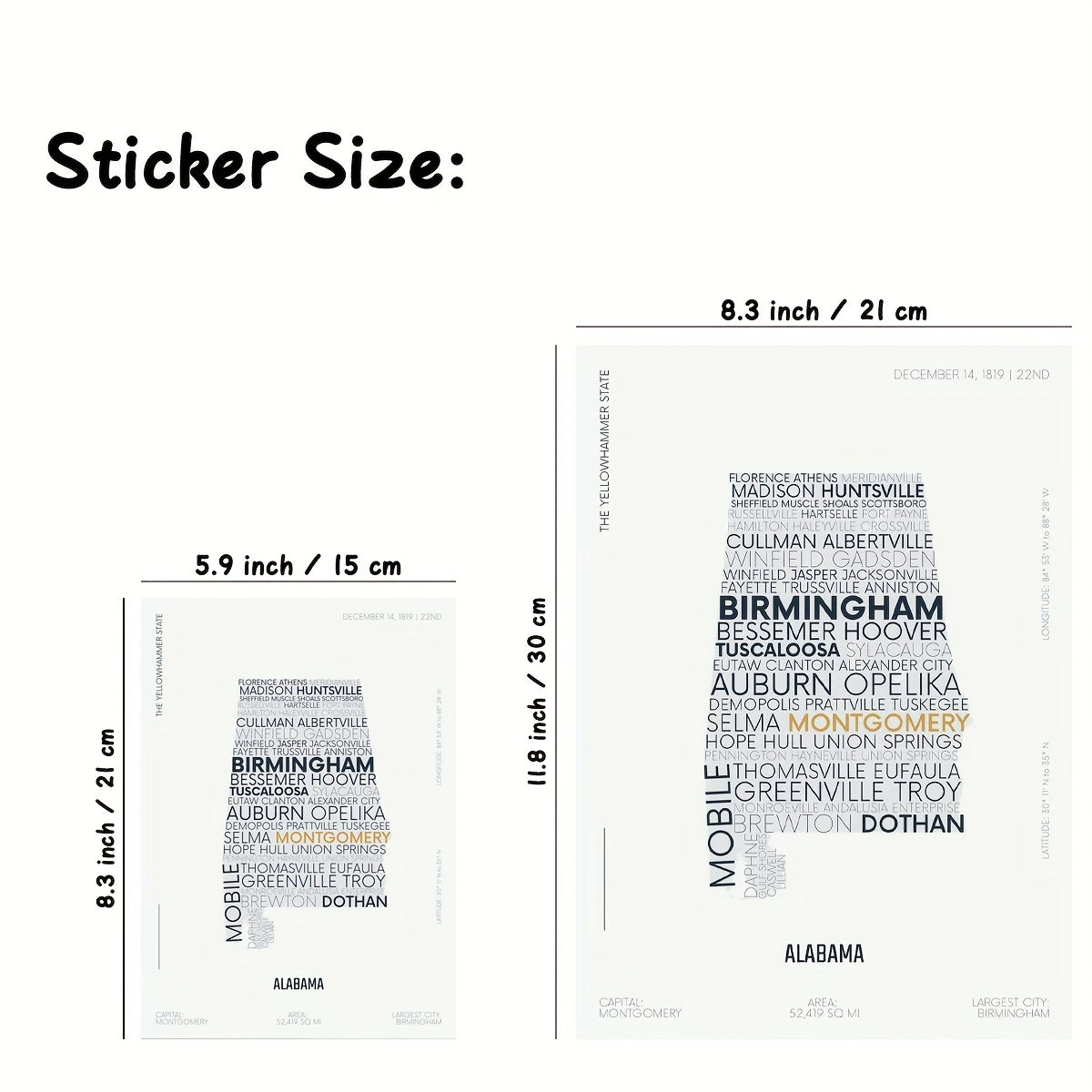 Alabama State Letter Map Stickers for Children, Modern Typography Art Series