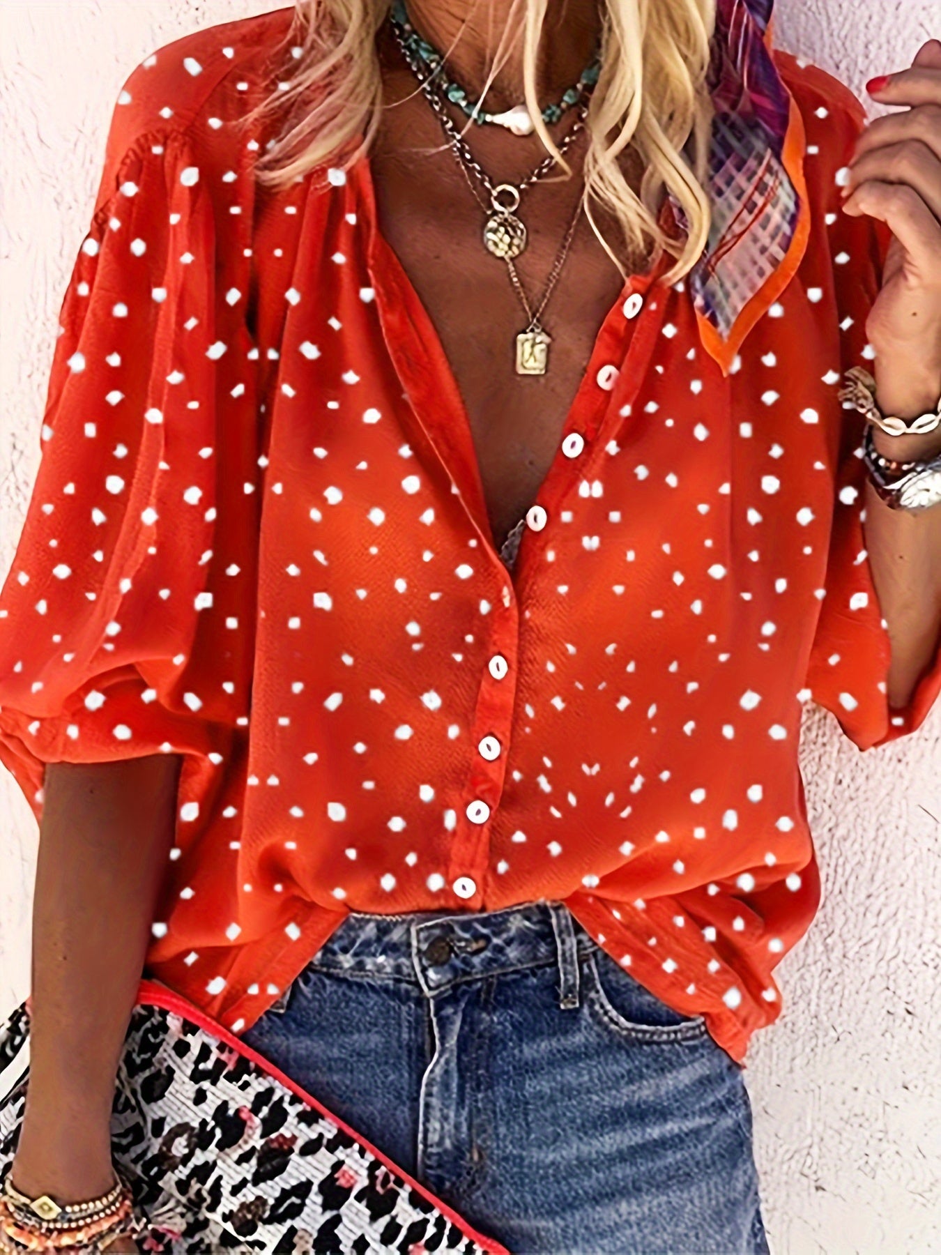 Plus Size Allover Print Roll Up Sleeve V Neck Button Up Shirt