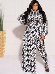  Geometric Print Long Sleeve Mock Neck Jumpsuit