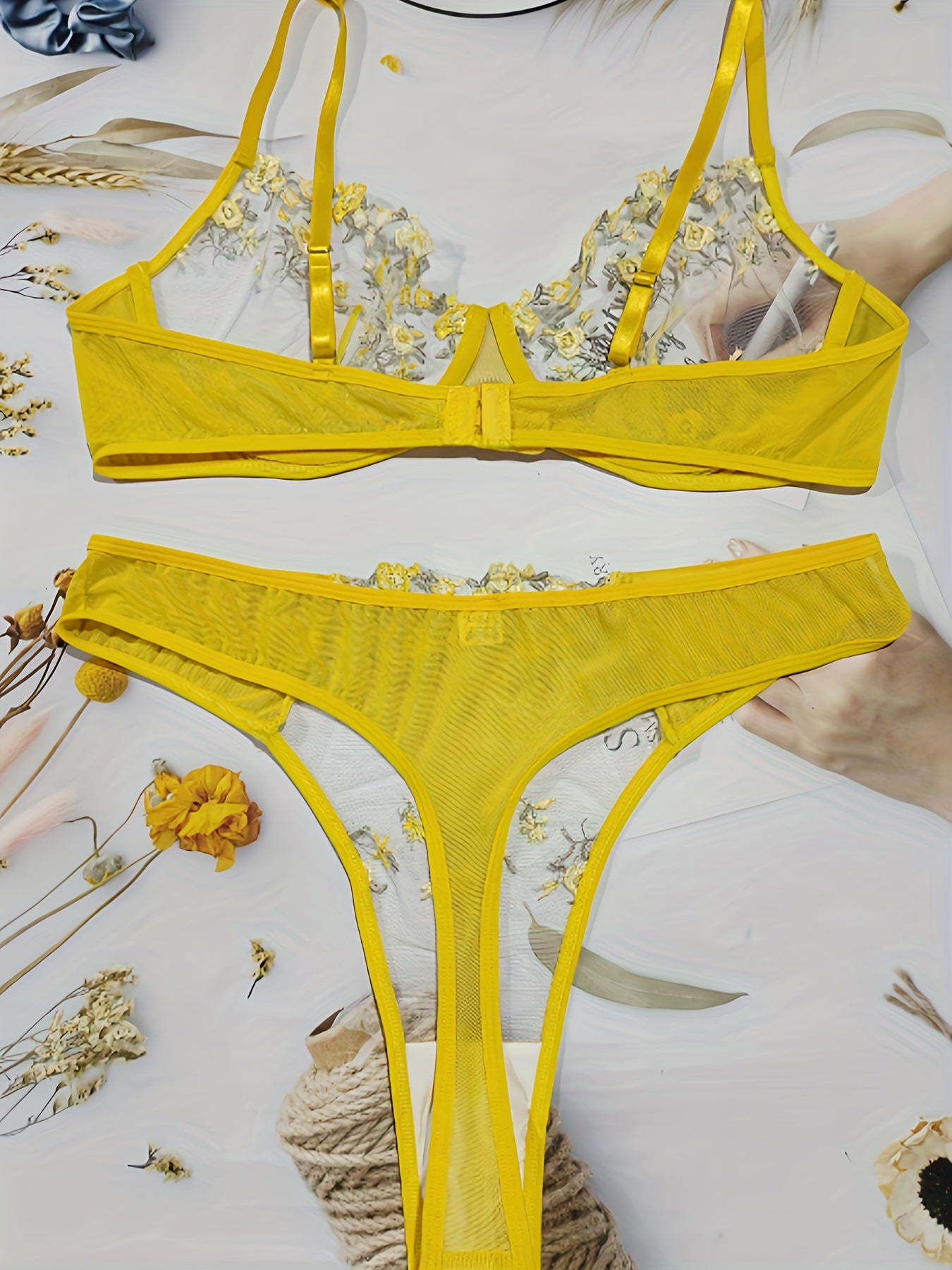  Floral Embroidered Mesh Bra & Panty Lingerie Set