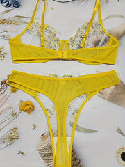  Floral Embroidered Mesh Bra & Panty Lingerie Set