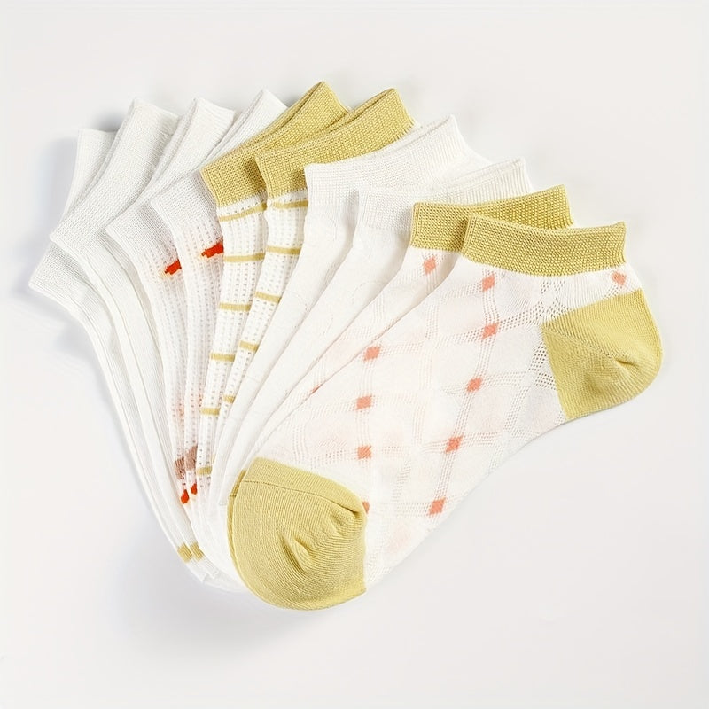 5 Pairs Floral & Striped Ankle Socks Breathable Lightweight Women's Stockings