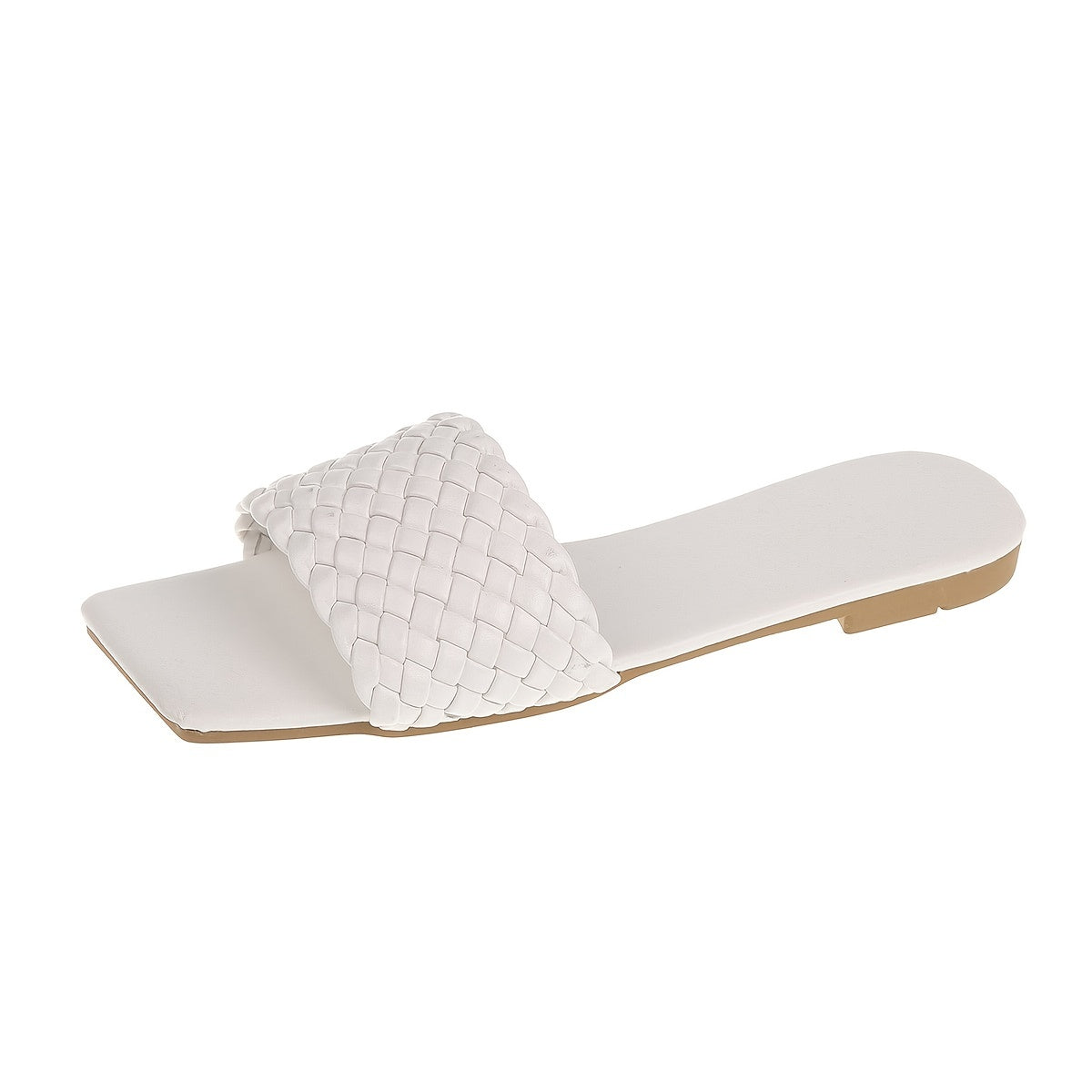 Women's Braided Flat Slides Solid Square Open Toe Non Slip Slides Shoes