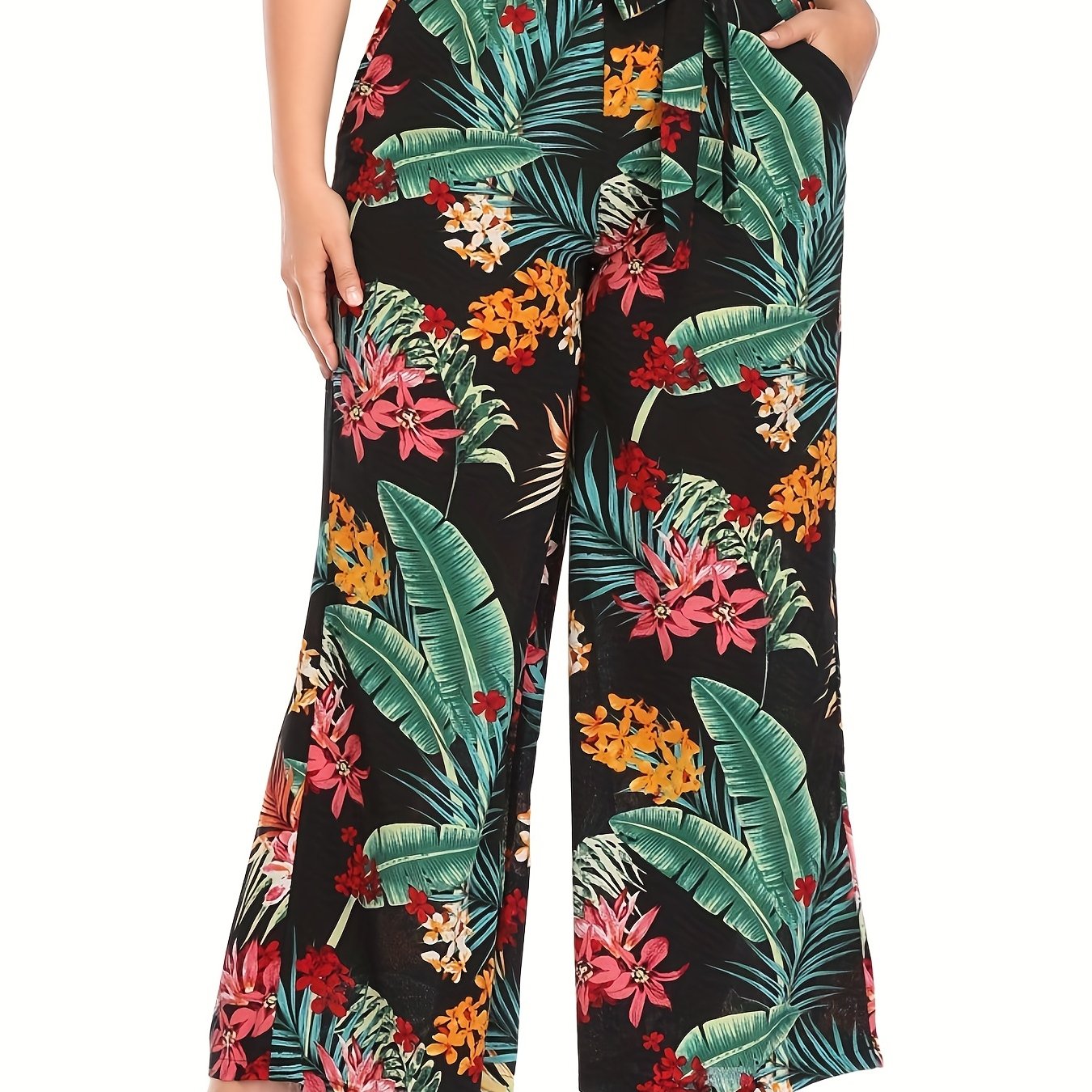 Women's Plus Tropical Print Wide Leg Pants With Belt