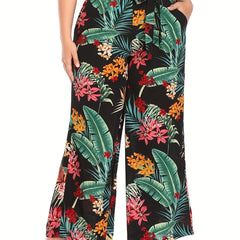 Women's Plus Tropical Print Wide Leg Pants With Belt