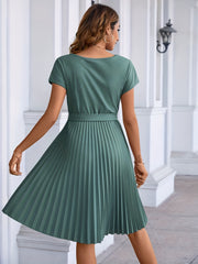 Pleated Tie Front Dress Short Sleeve Casual Solid Dress