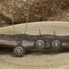 Vintage Antique Bronze Floral Beaded Earrings Necklace Set