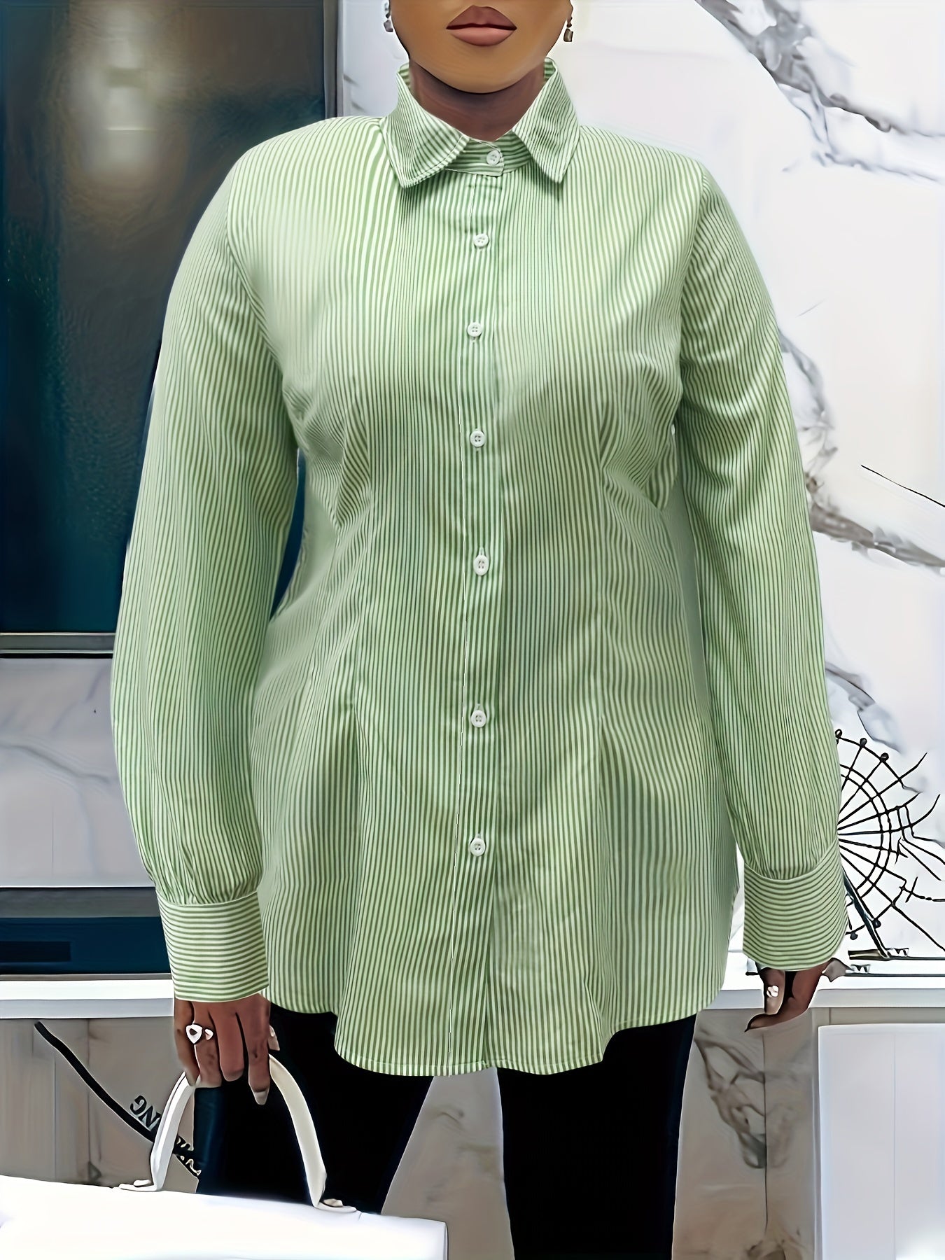  Stripe Print Long Sleeve Button Up Shirt Top