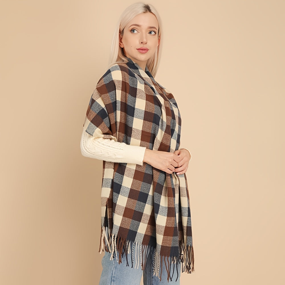 Women's Plaid Scarf Warm Shawl Long Tassel Scarf