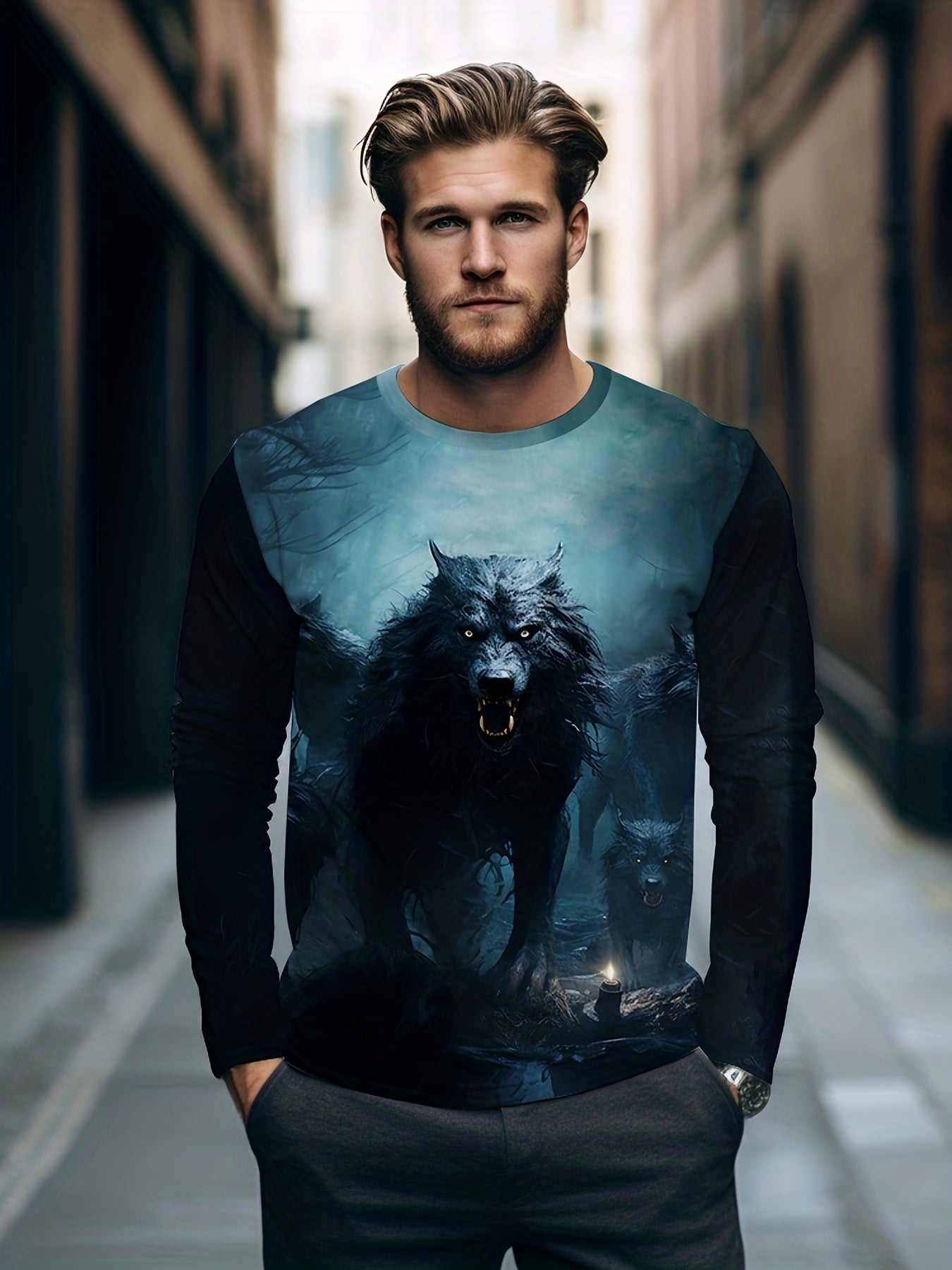 Wolf Print Men's Long Sleeve Tee for Autumn