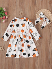 Girls Halloween Pumpkin Pattern Long-sleeved Dress Set