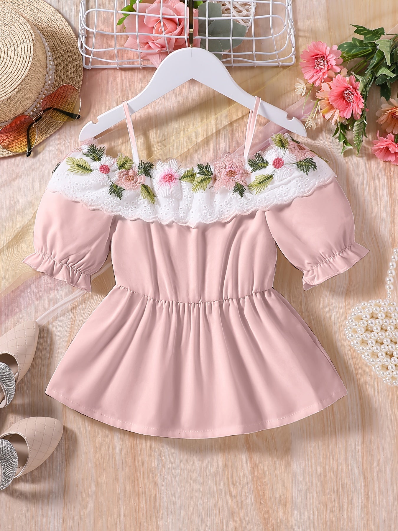 Girls Off Shoulder Flower Embroidery Tunic Shirt
