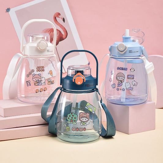 Cartoon Water Bottle Plastic Water Cup With Straw for Outdoor Sports