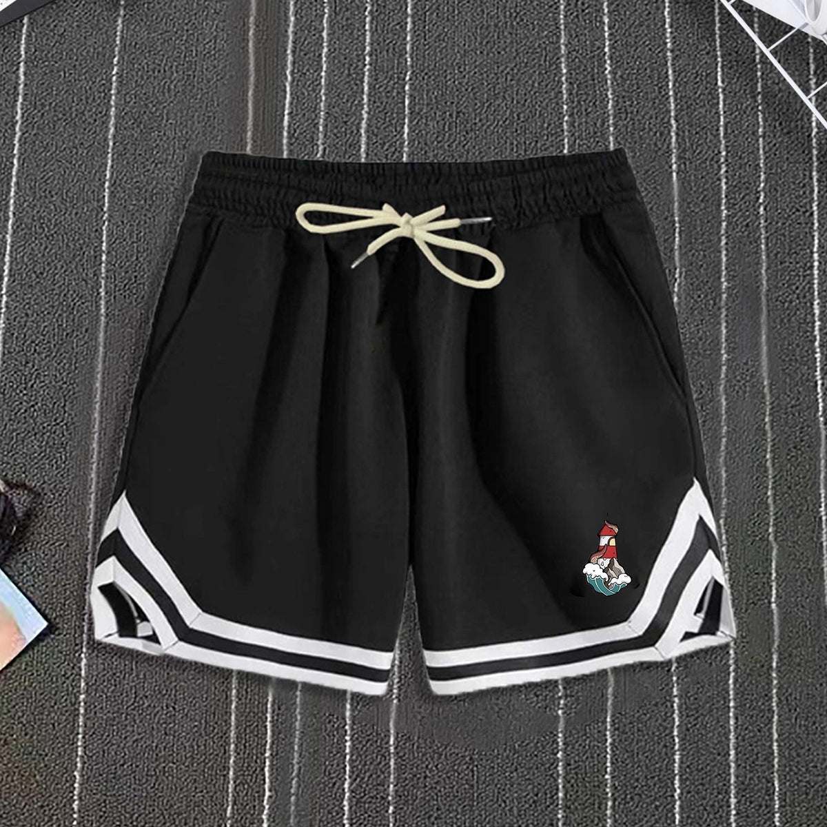 Cartoon Lighthouse Pattern Active Shorts With Pockets Men's Casual Stretch Waist