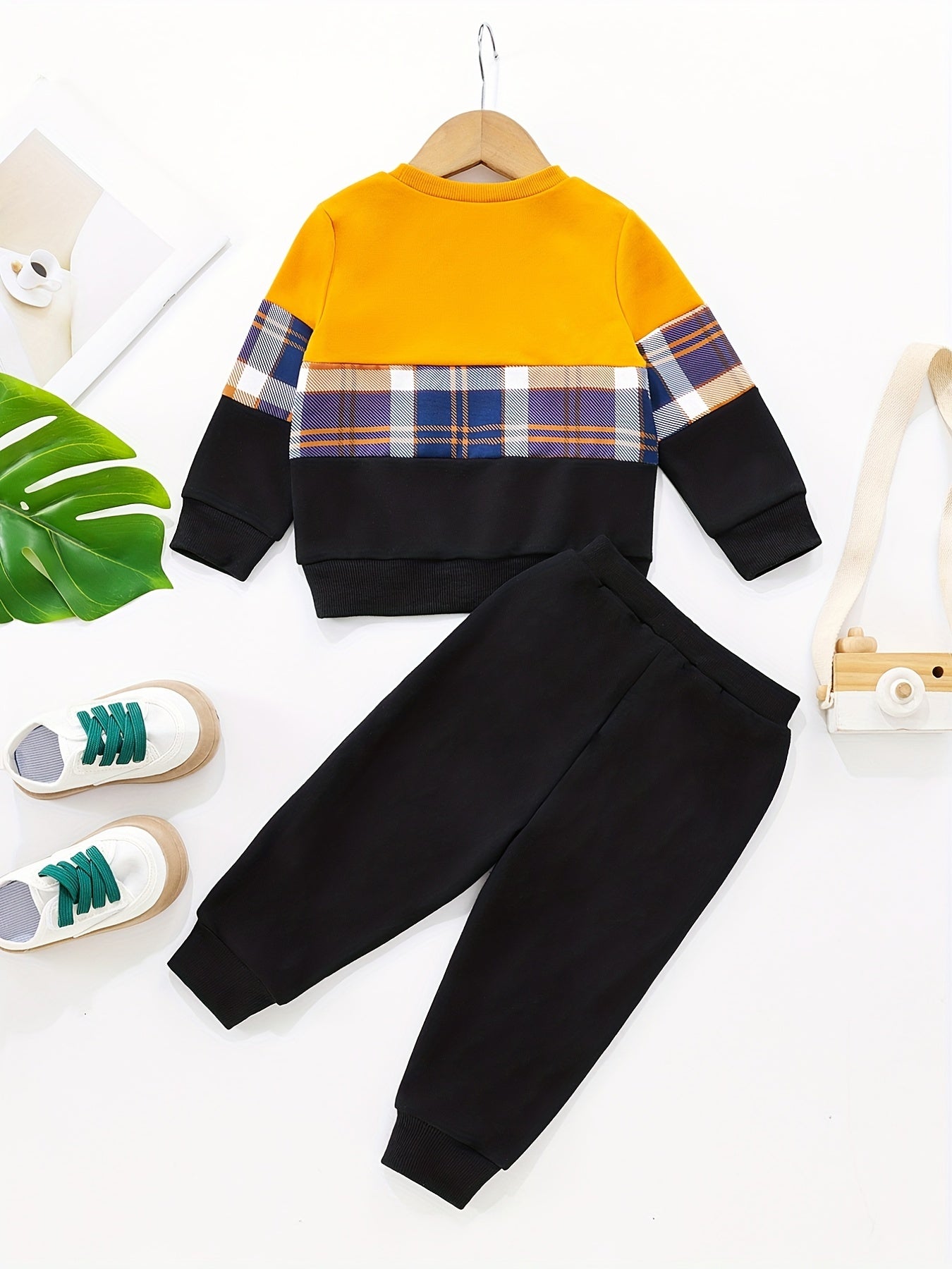 Toddler Boy's Plaid Sweatshirt & Sweatpants Set Street Style Outfit