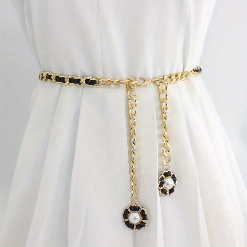 Double Camellia Pendant Tassel Chain Women Dress Chain Waist Chain