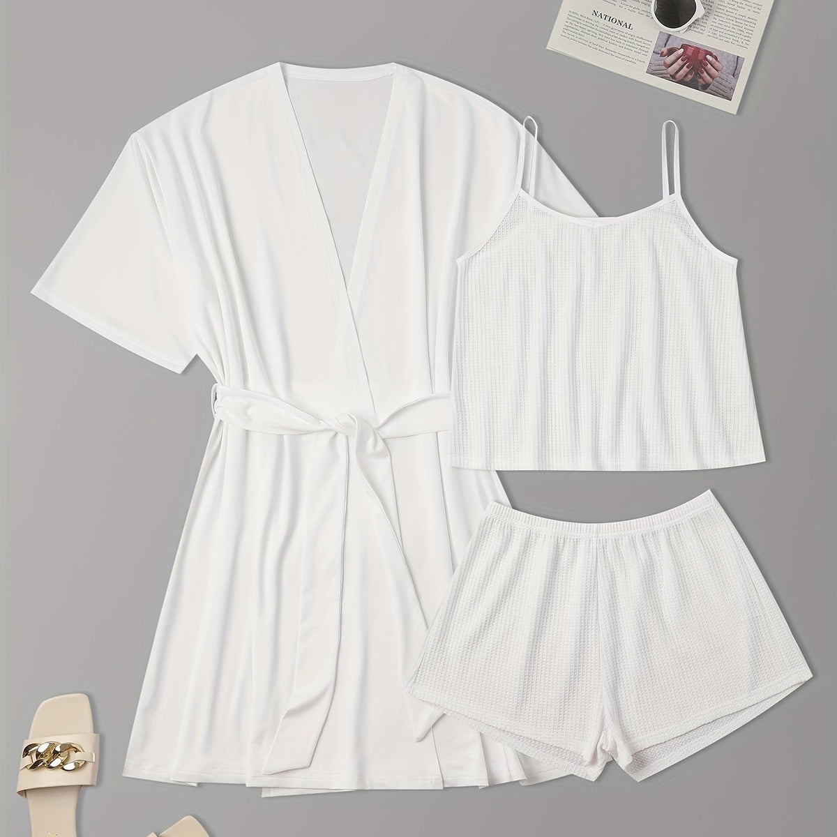  Textured Pajama Set Solid Cami Top & Shorts & Nightgown Lounge