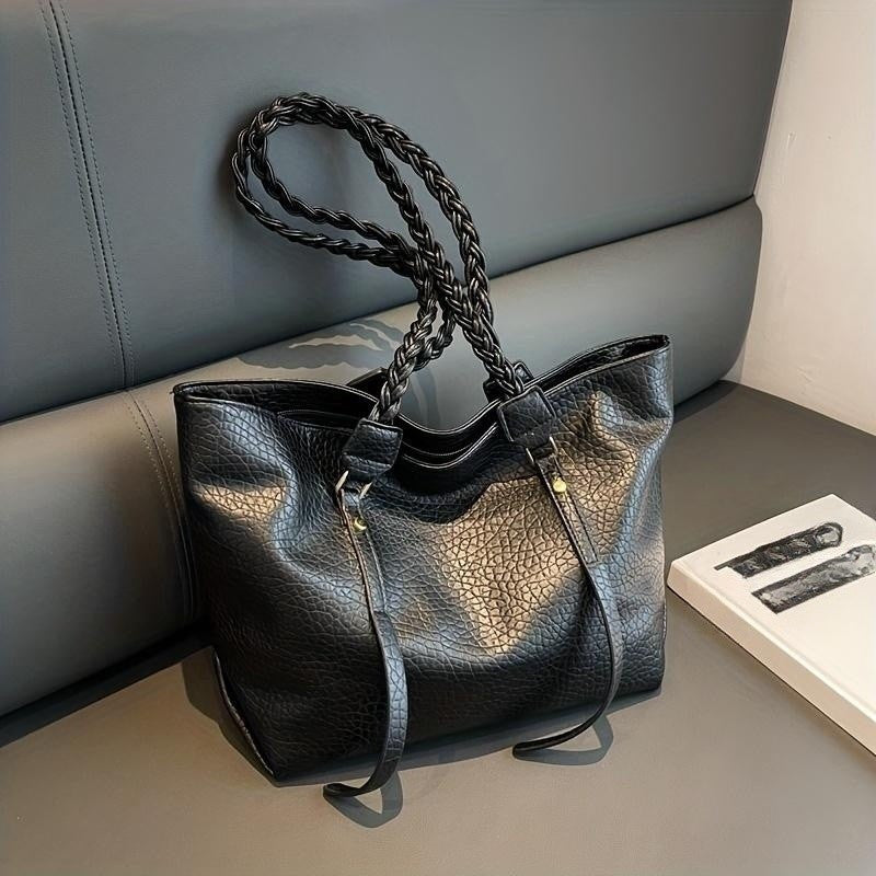 Minimalist Solid Tote Bag Large Capacity Shoulder Bag With Twisted Straps