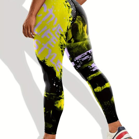 Letter Pattern Yoga Pants High Waist Tummy Control Running Leggings