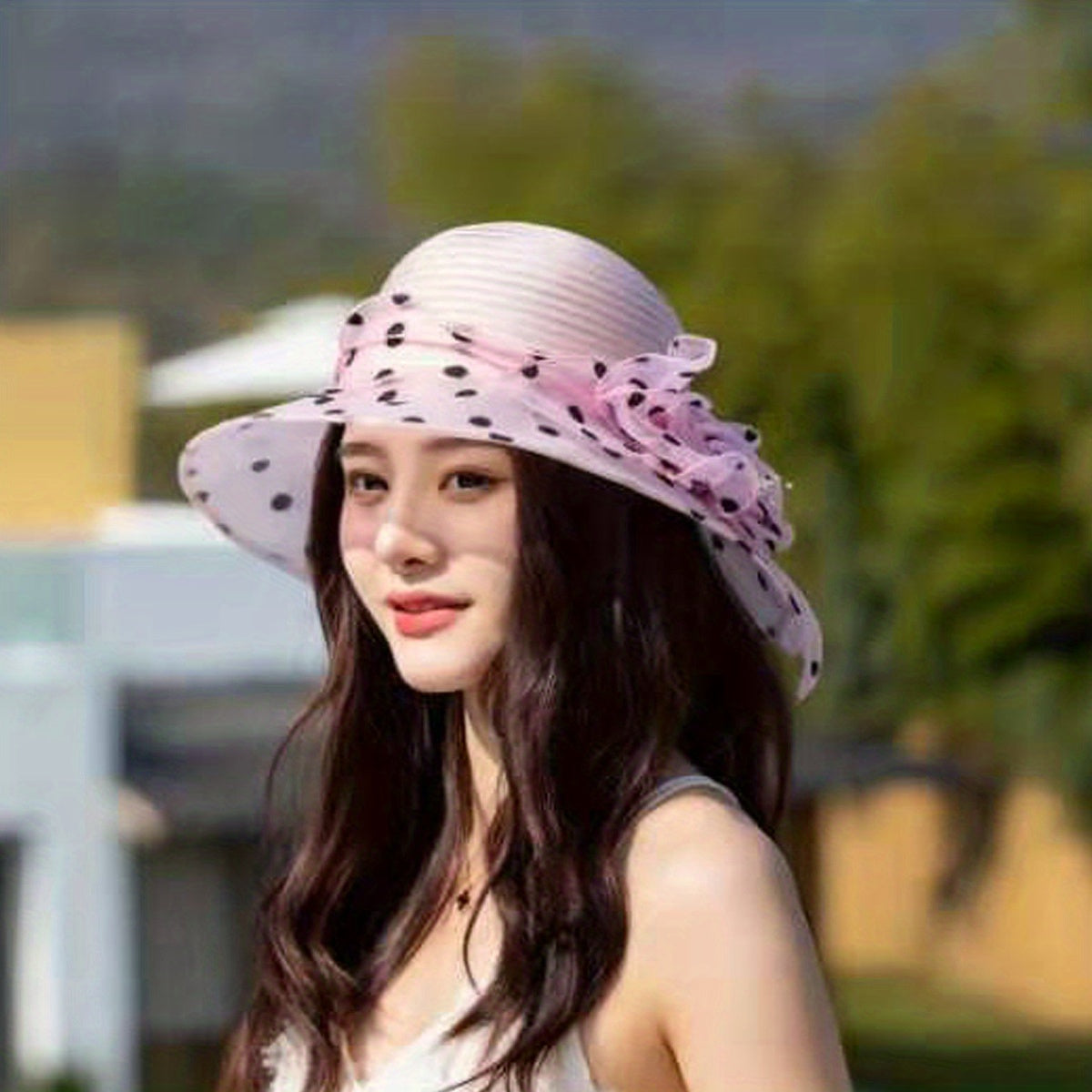 Polka Dot Flower Derby Hat Stitching Sun Hat Lightweight Mesh Bucket Hat