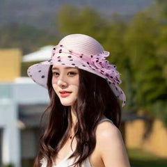 Polka Dot Flower Derby Hat Stitching Sun Hat Lightweight Mesh Bucket Hat