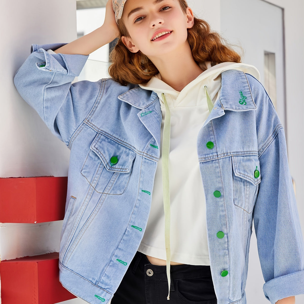 Oversized Green Button Denim Jacket Long Sleeve