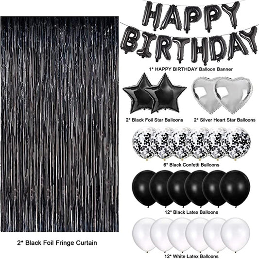Happy Birthday Balloon Banner & Set with Foil Fringe Curtains