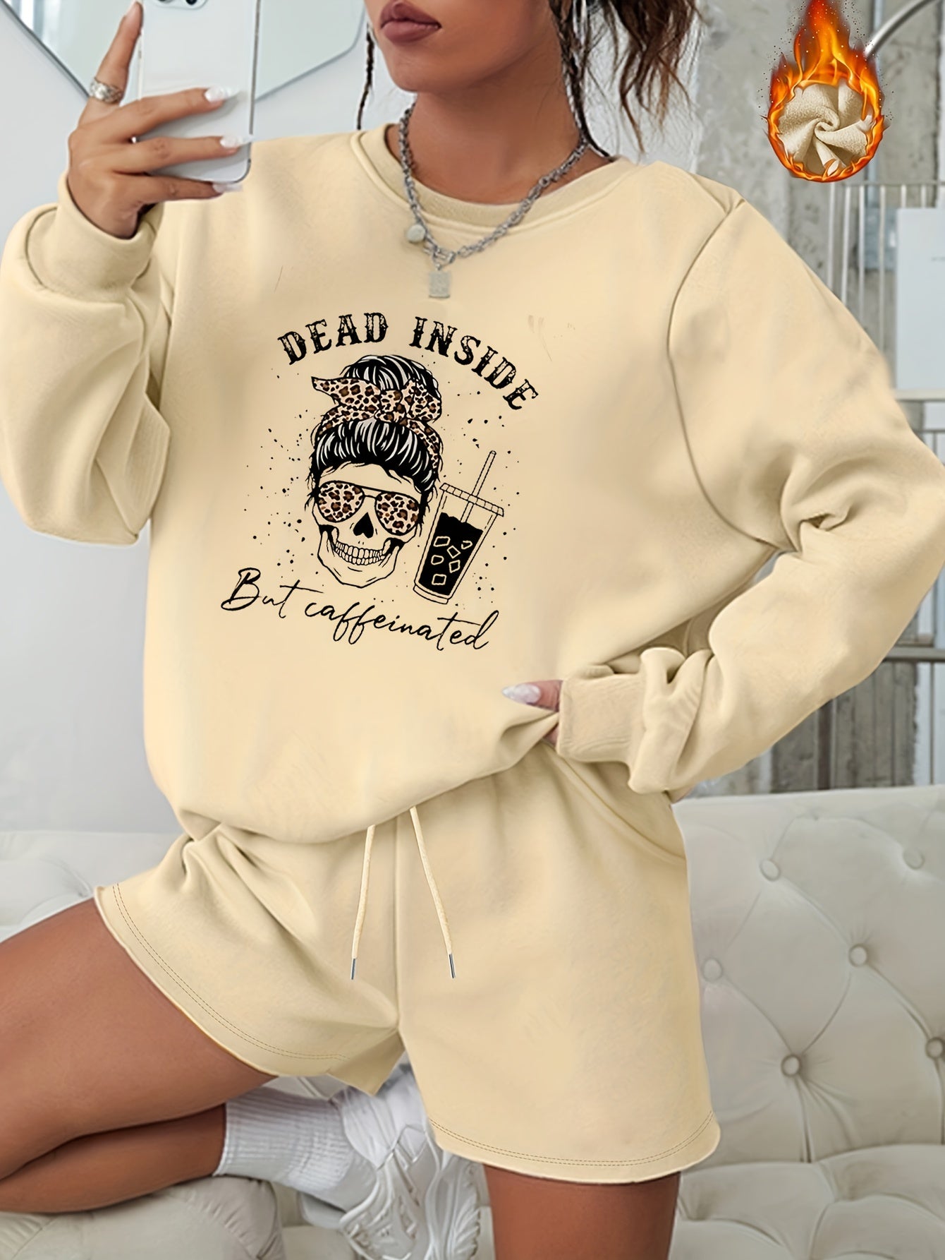 Women's Plus Skull Print Long Sleeve Sweatshirt & Shorts Set
