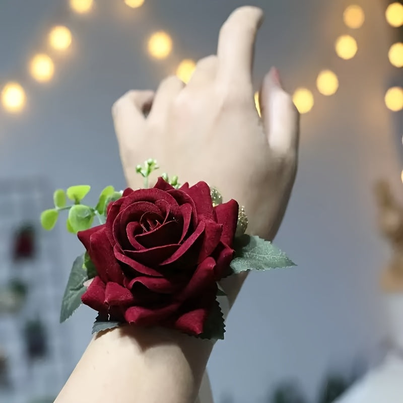 Red Rose & Greenery Bracelet Flower Polyester Romantic Wedding Accessory