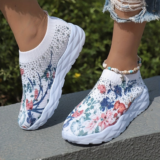 Women's Floral Print Knit Slip On Sneakers Low Top Sock Shoes Breathable Running