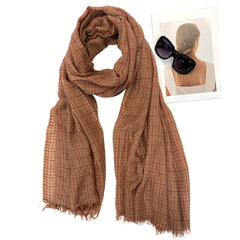 Plaid Pattern Scarf Vintage Frayed Edge Shawl Windproof Head Wrap