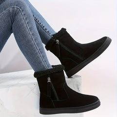 Side Zipper Solid Suede Flat Thermal Snow Boots
