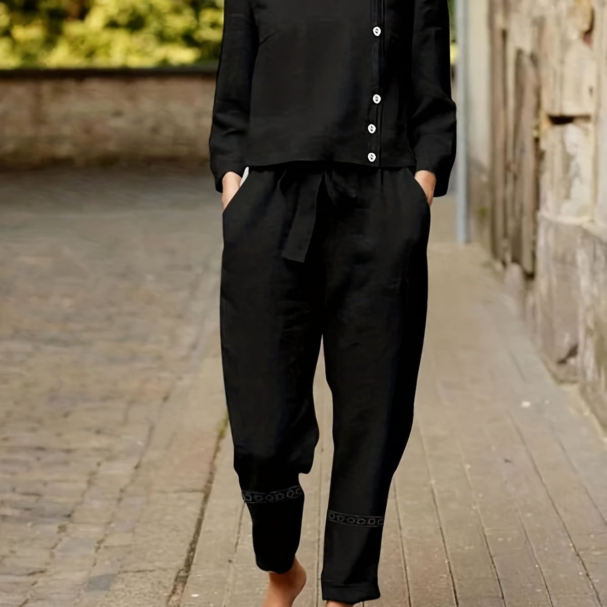 Casual Two piece Set Crew Neck Long Sleeve Tops & Wide Leg Pants