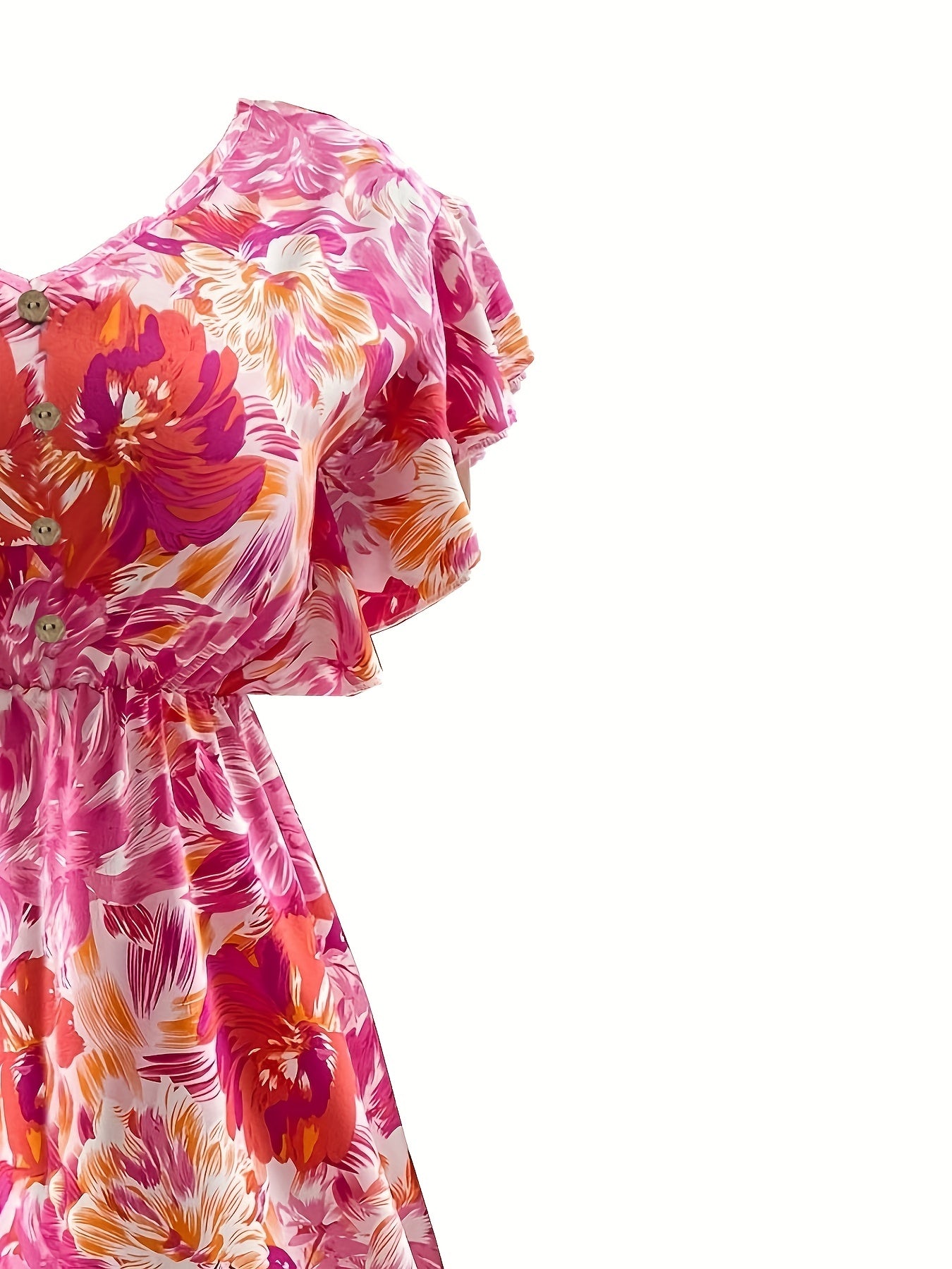  Floral Print Ruffle Sleeve V Neck Dress