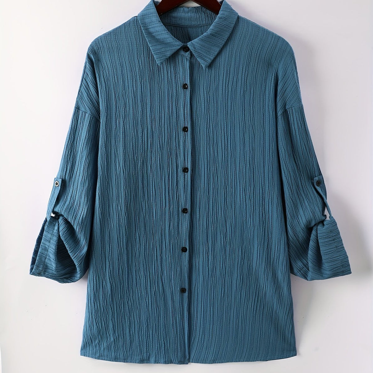  Solid Crinkle Button Up Roll Up Sleeve Blouse