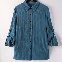  Solid Crinkle Button Up Roll Up Sleeve Blouse