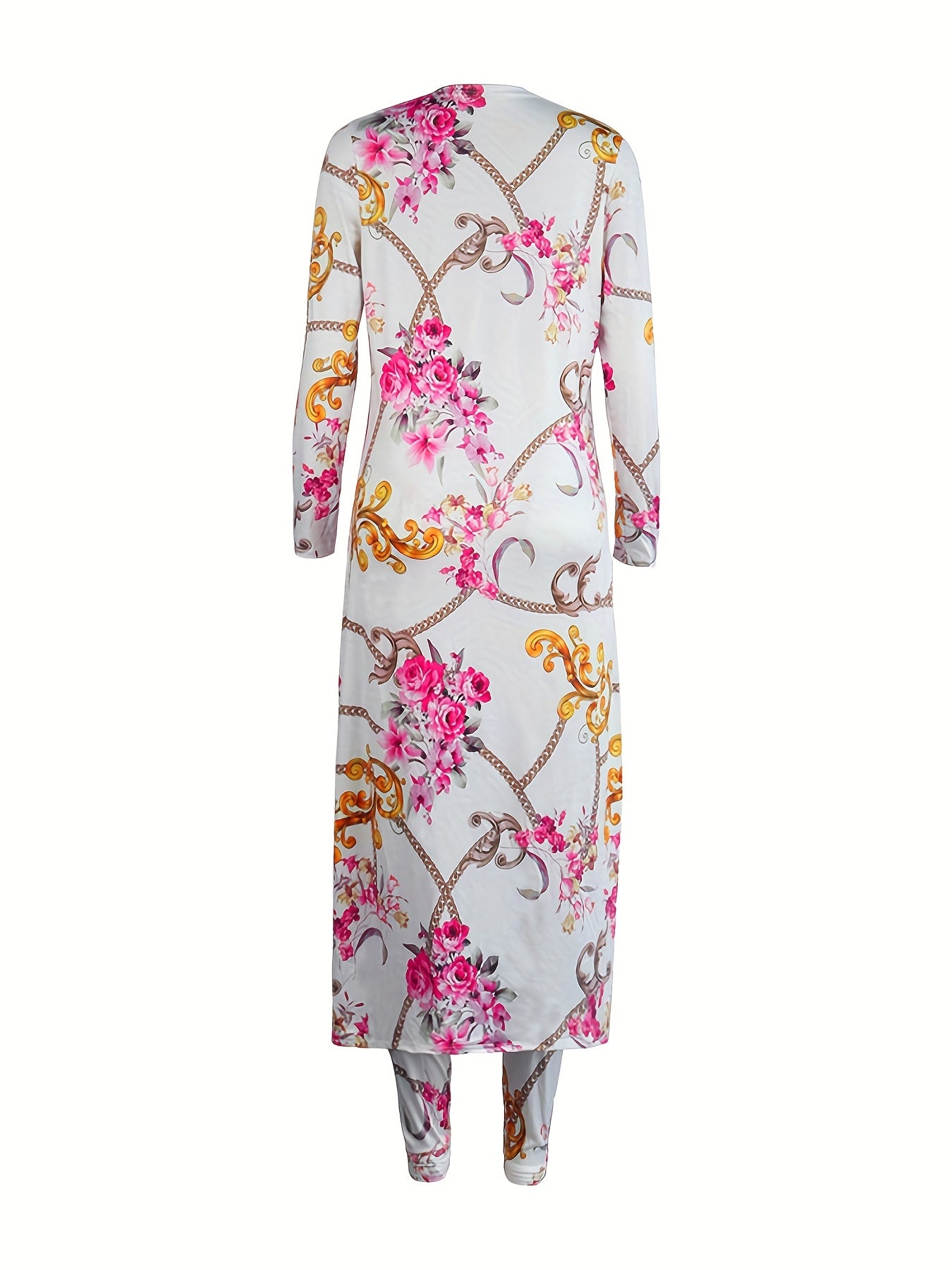 Chain & Floral Print 2pc Set Open Front Coat & High Waist Pants