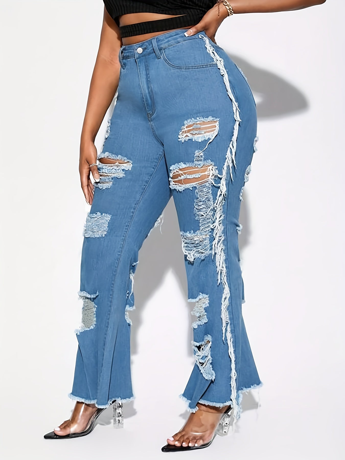  Ripped Fringe Trim Flared Leg Jeans