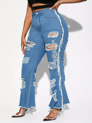  Ripped Fringe Trim Flared Leg Jeans